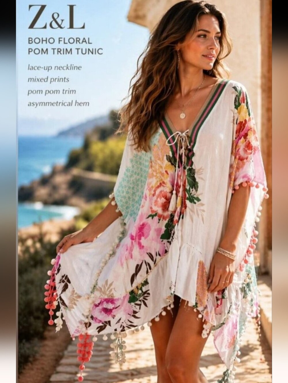 Z&L Europe Boho Floral Pom Trim Tunic